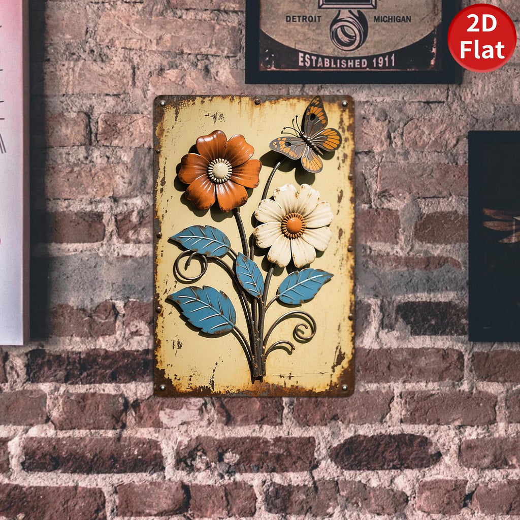 Décoration murale vintage en métal avec fleurs | Décoration papillon rustique | Panneau en étain 20x30 cm