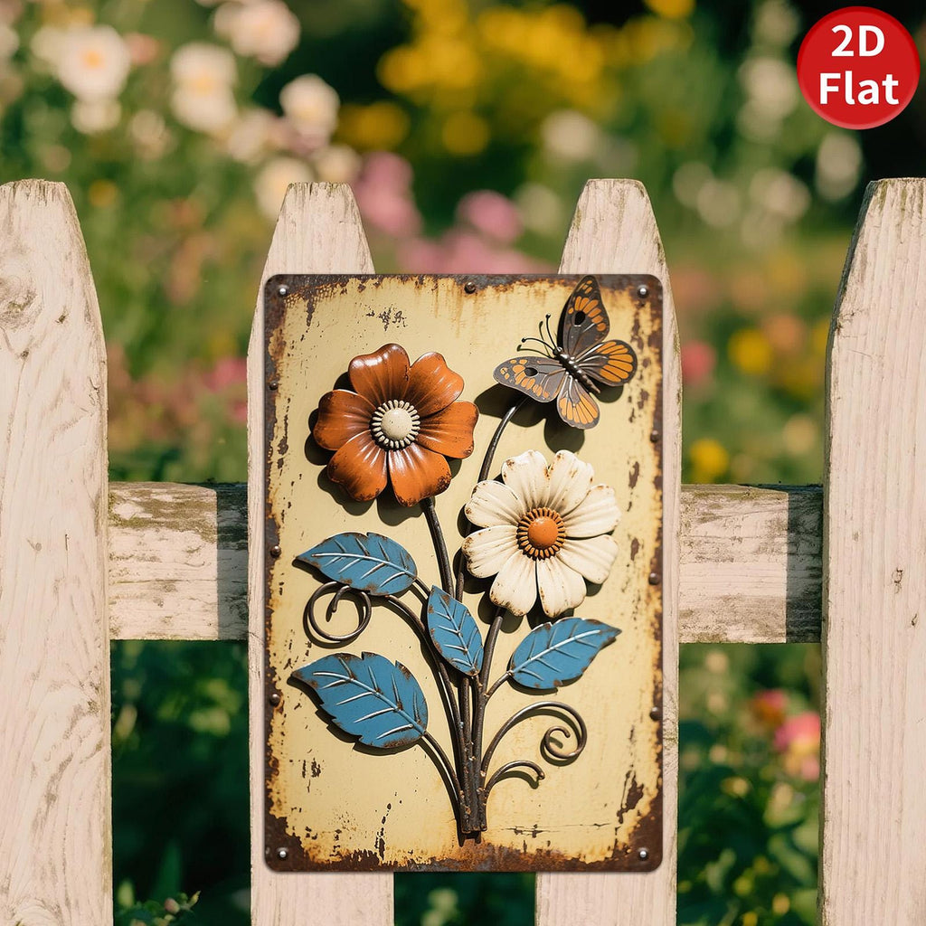 Décoration murale vintage en métal avec fleurs | Décoration papillon rustique | Panneau en étain 20x30 cm