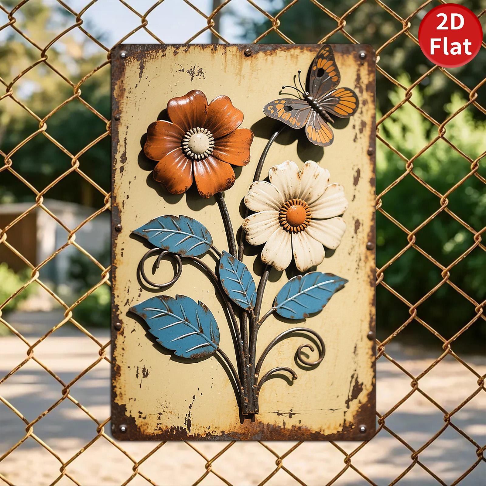 Vintage Floral Metal Wall Art: Rustic Butterfly Decor - 8x12 Tin Sign