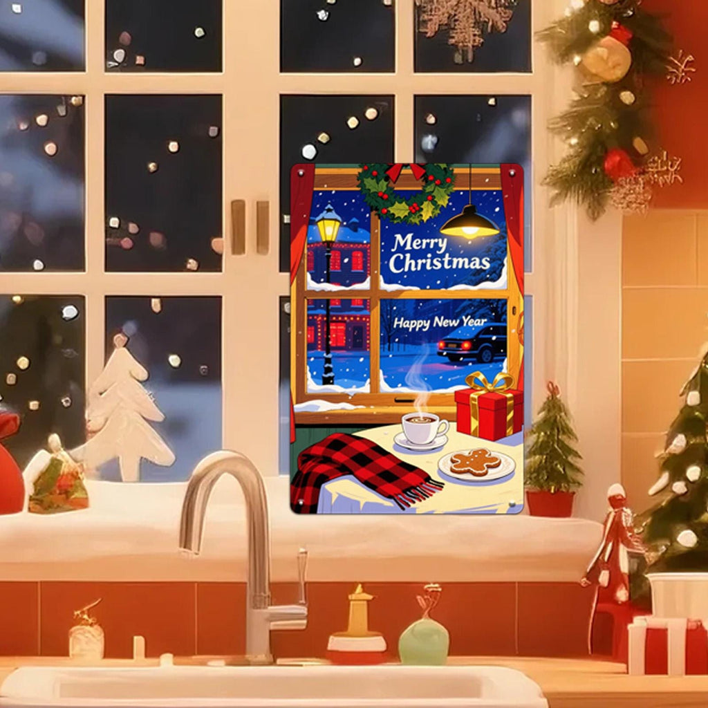 Christmas Window Scene Metal Sign: Cozy Holiday Winter Decor
