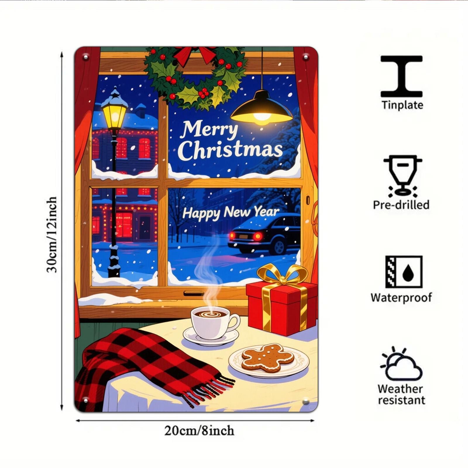 Christmas Window Scene Metal Sign: Cozy Holiday Winter Decor