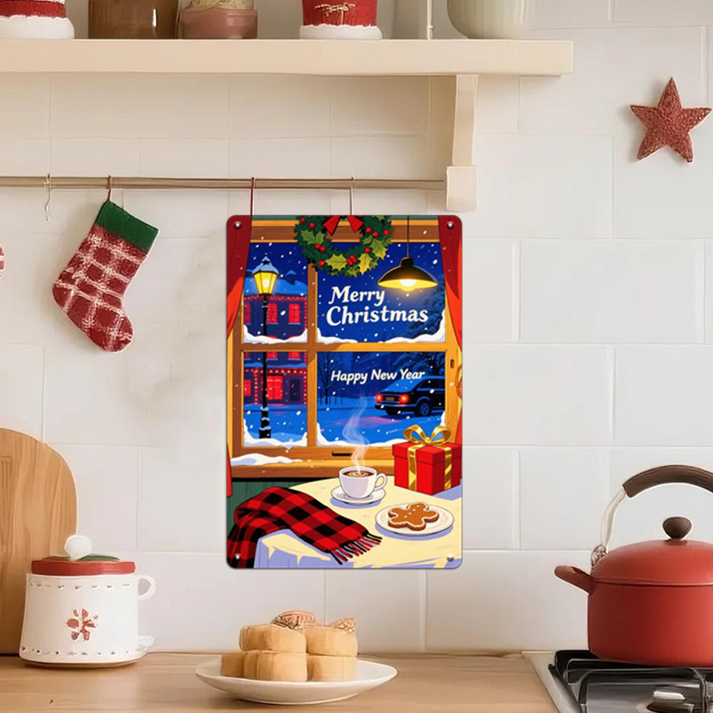 Christmas Window Scene Metal Sign: Cozy Holiday Winter Decor