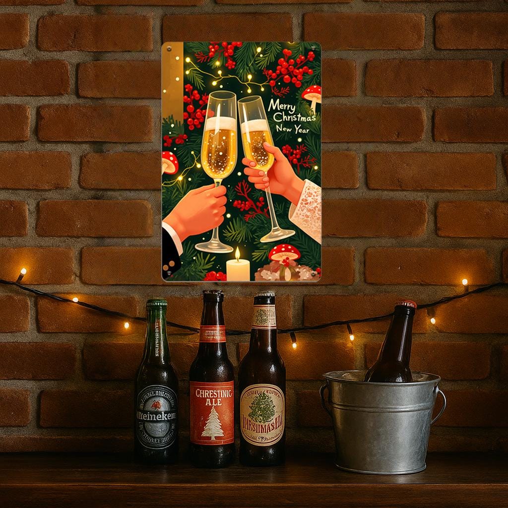 Christmas Champagne Metal Sign: Festive Holiday Party Decor