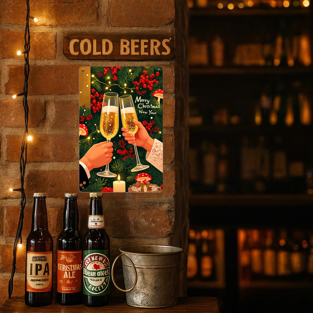 Christmas Champagne Metal Sign: Festive Holiday Party Decor