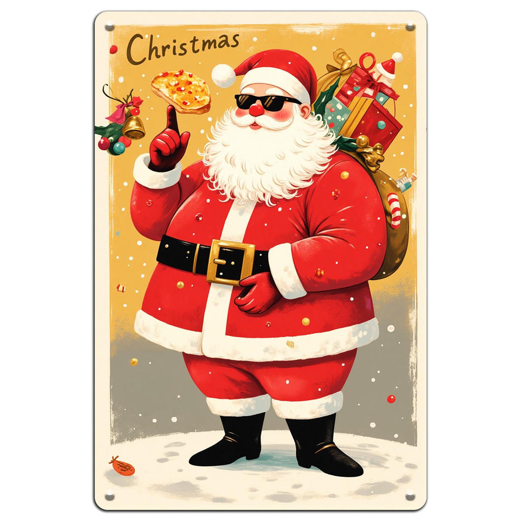 Funny Santa Pizza Metal Sign: Unique Christmas Holiday Decor