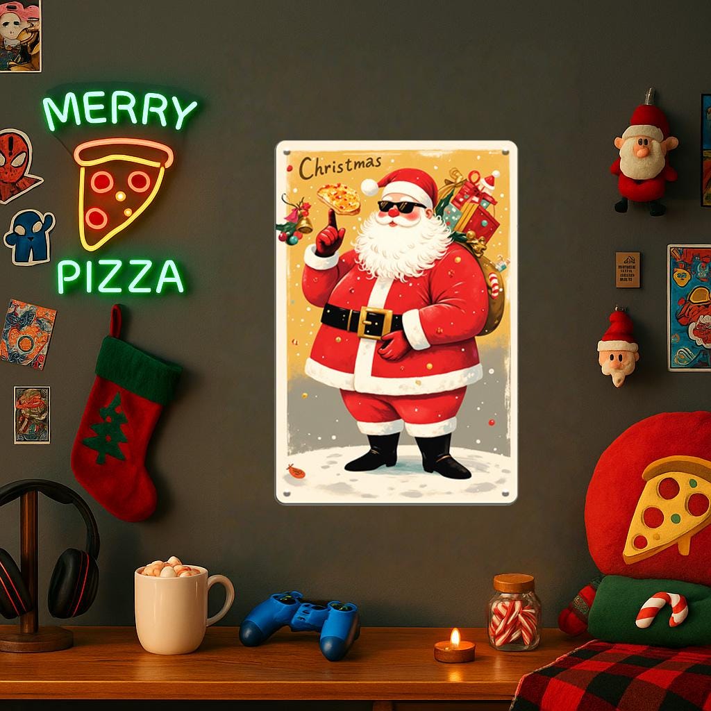 Funny Santa Pizza Metal Sign: Unique Christmas Holiday Decor