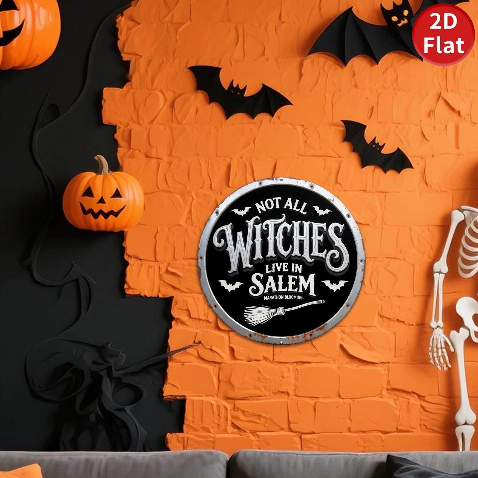 Gothic Witch Metal Sign: Halloween Bat & Broom Decor - 8x8