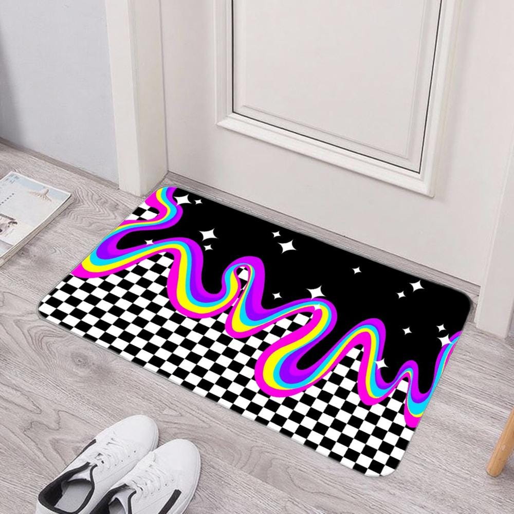 Neon Rainbow Drip Checkerboard Doormat – Non-Slip Entry Rug