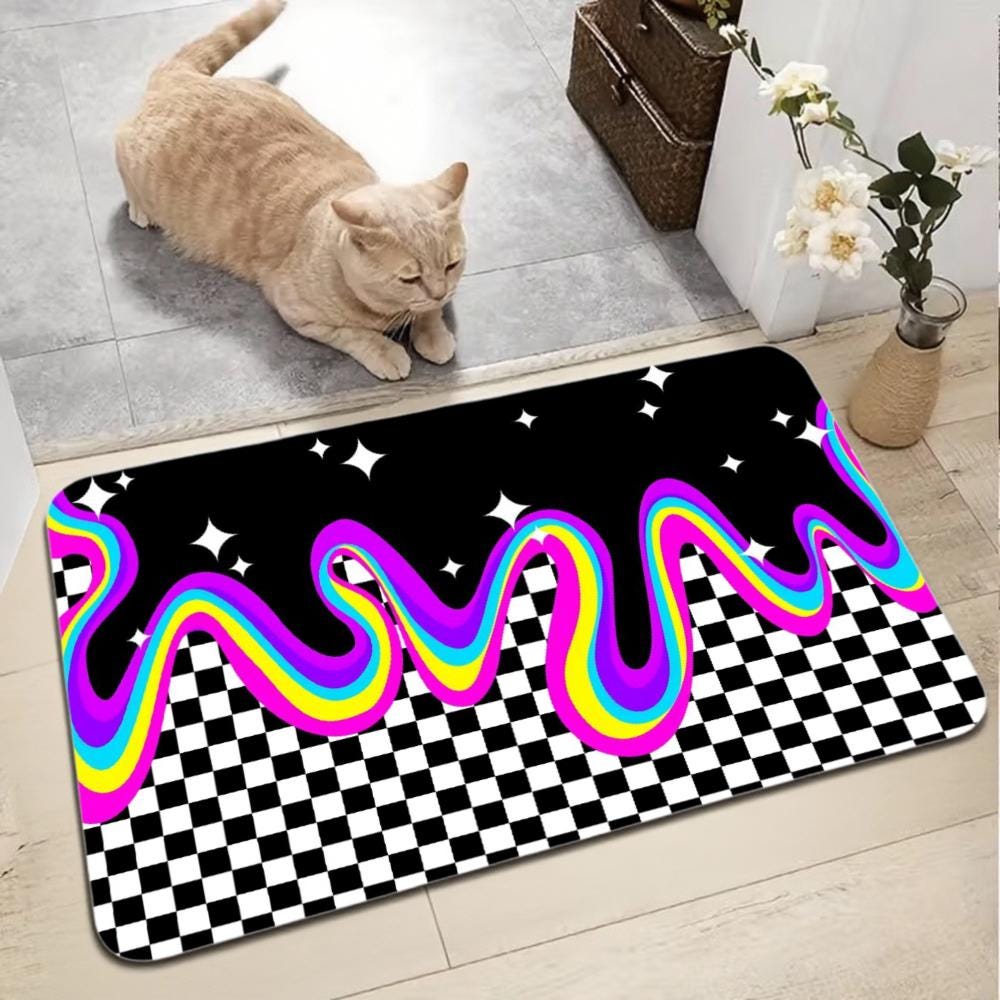 Neon Rainbow Drip Checkerboard Doormat – Non-Slip Entry Rug