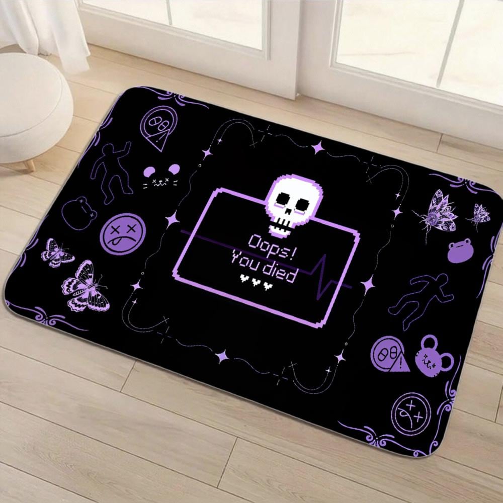 Oops! You Died Skull Doormat – Black & Purple Gaming Rug