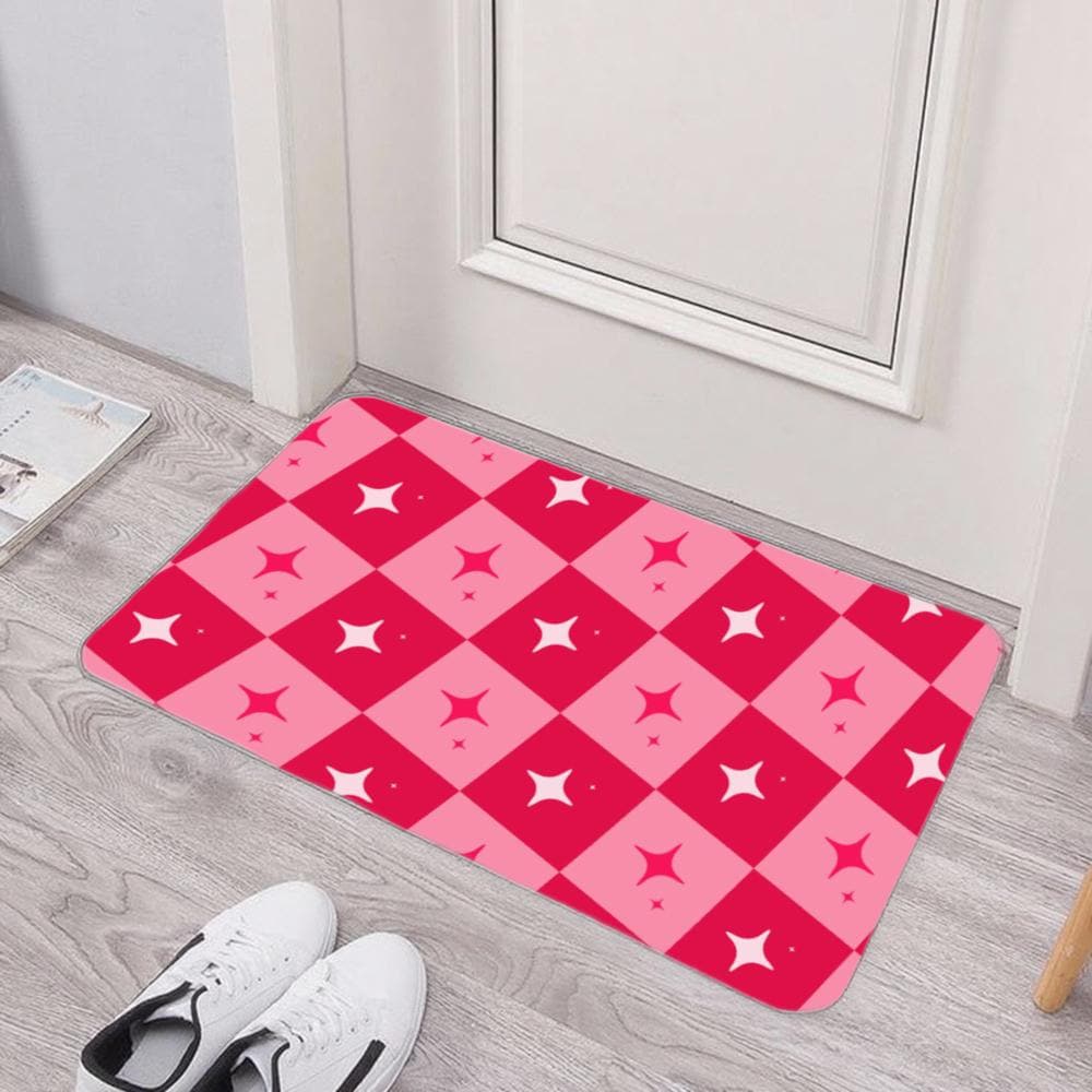 Pink Star Checkered Bath Mat – Non-Slip Retro Floor Rug