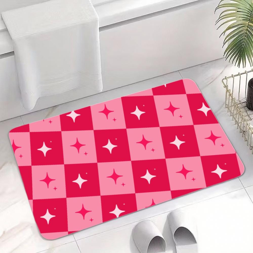 Pink Star Checkered Bath Mat – Non-Slip Retro Floor Rug