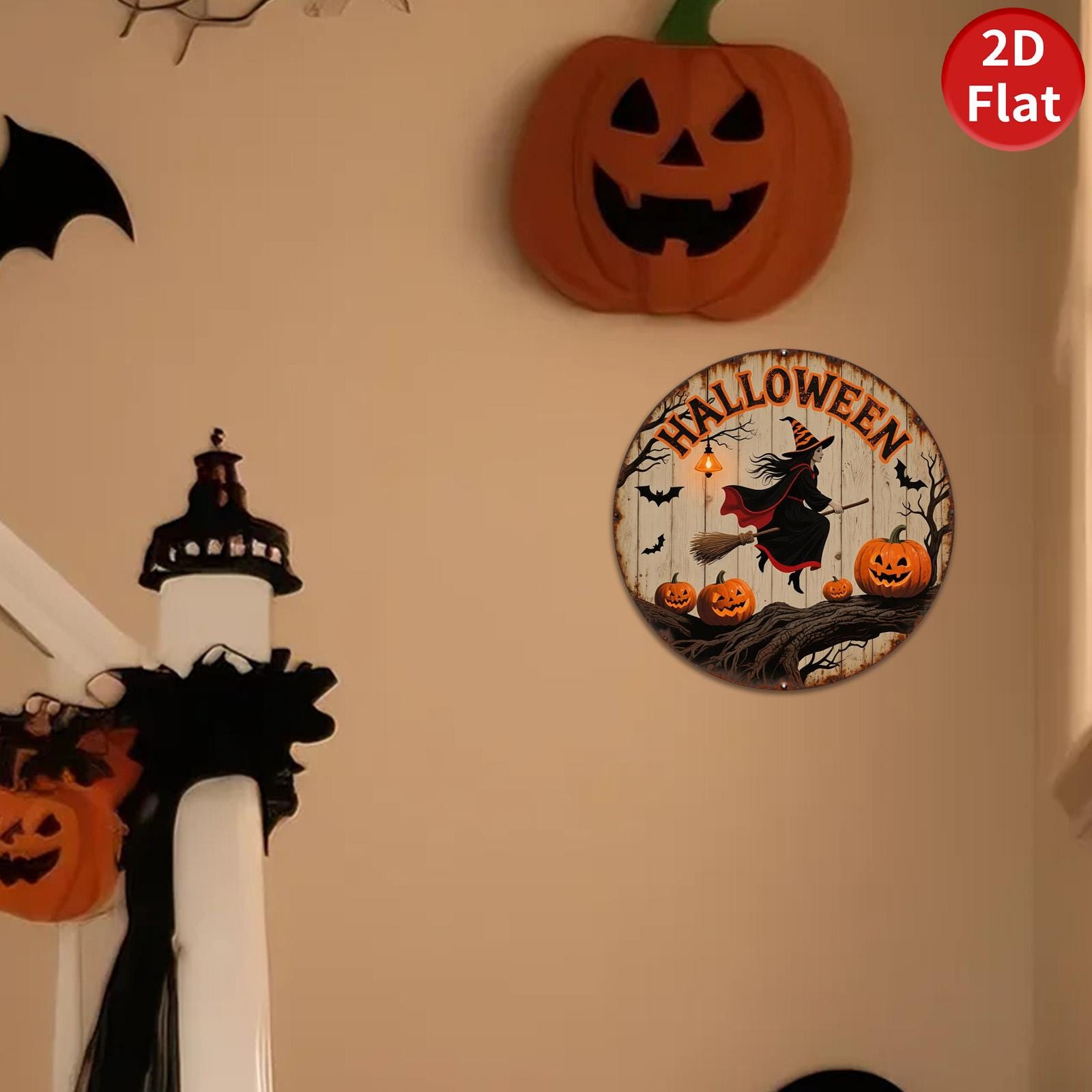 Halloween Witch Metal Sign: Spooky Pumpkin, Vintage Bat Decor