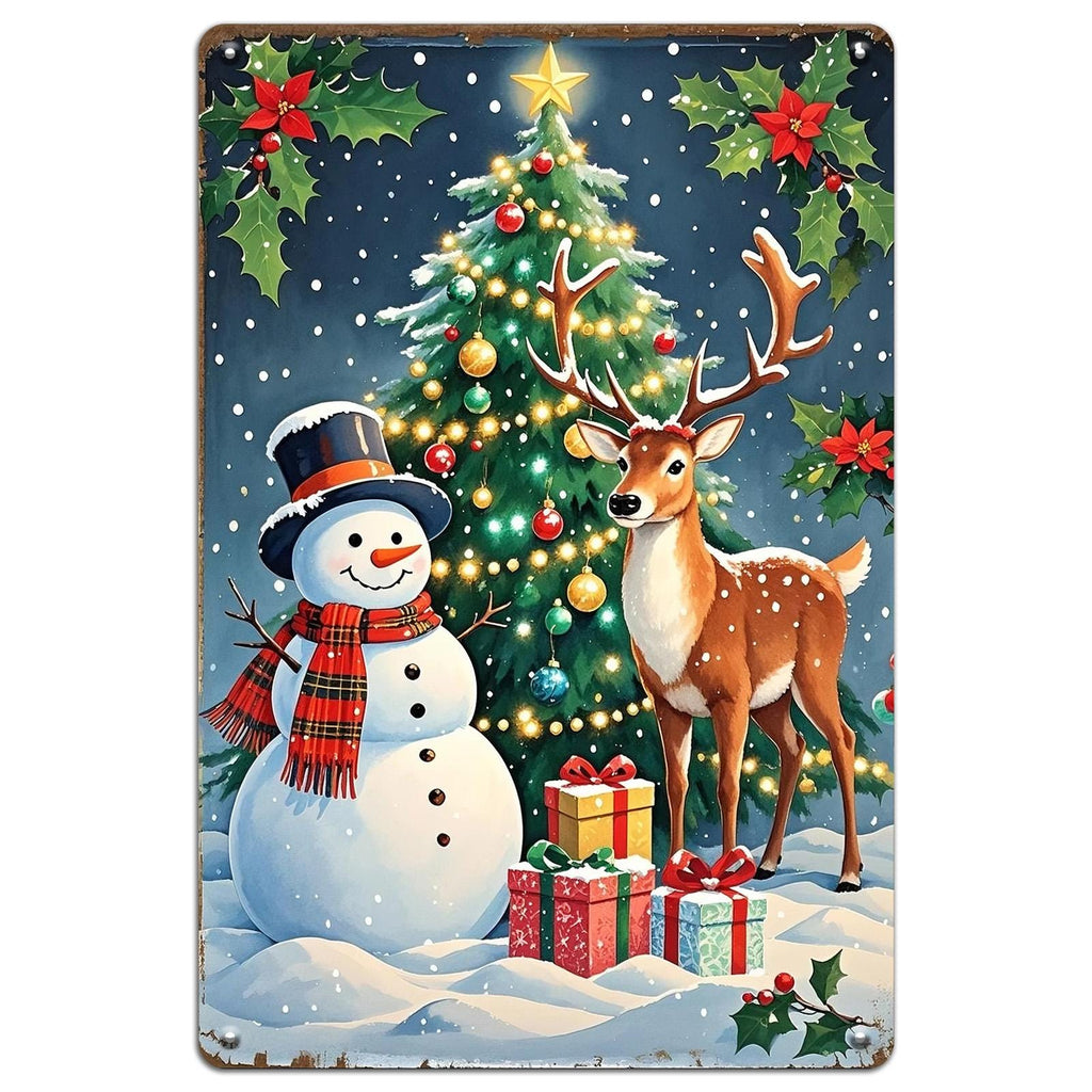 Vintage Weihnachts-Blechschild | Schneemann, Hirsch und Baum Bauernhaus-Dekor