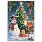 Vintage Weihnachts-Blechschild | Schneemann, Hirsch und Baum Bauernhaus-Dekor