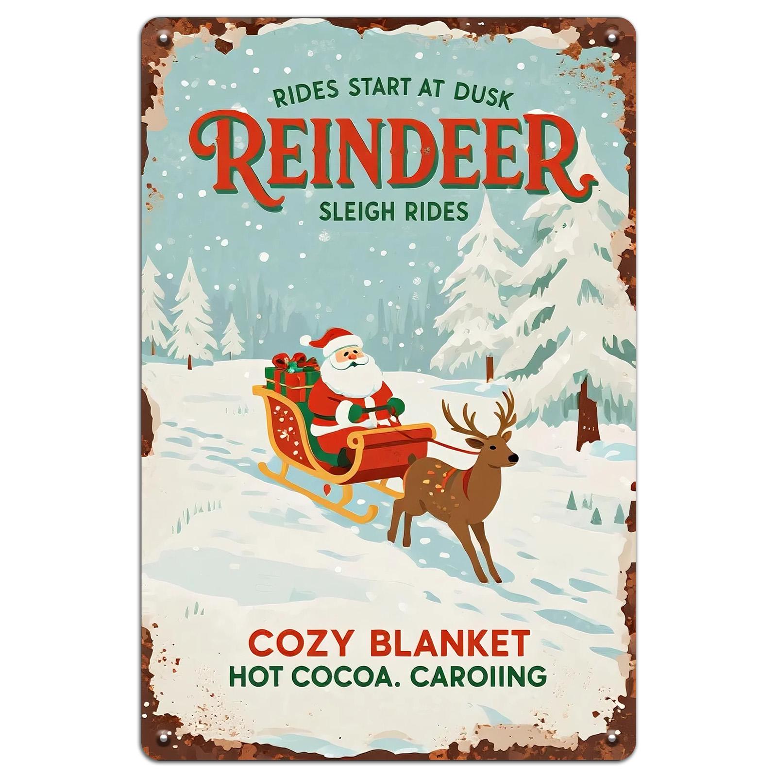Rustic Christmas Tin Sign: Vintage Reindeer Sleigh Ride Wall Art