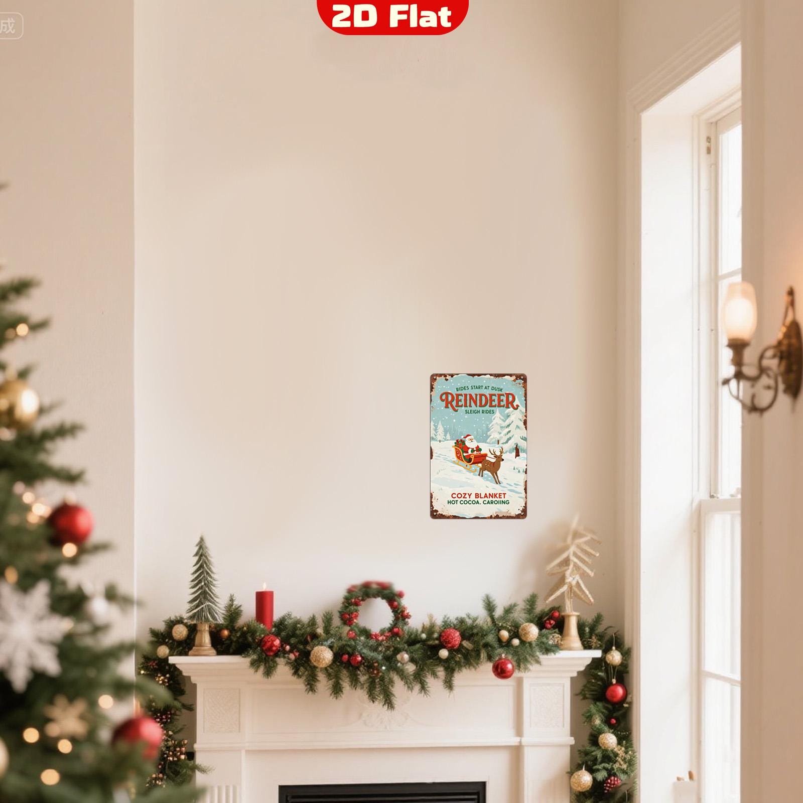 Rustic Christmas Tin Sign: Vintage Reindeer Sleigh Ride Wall Art