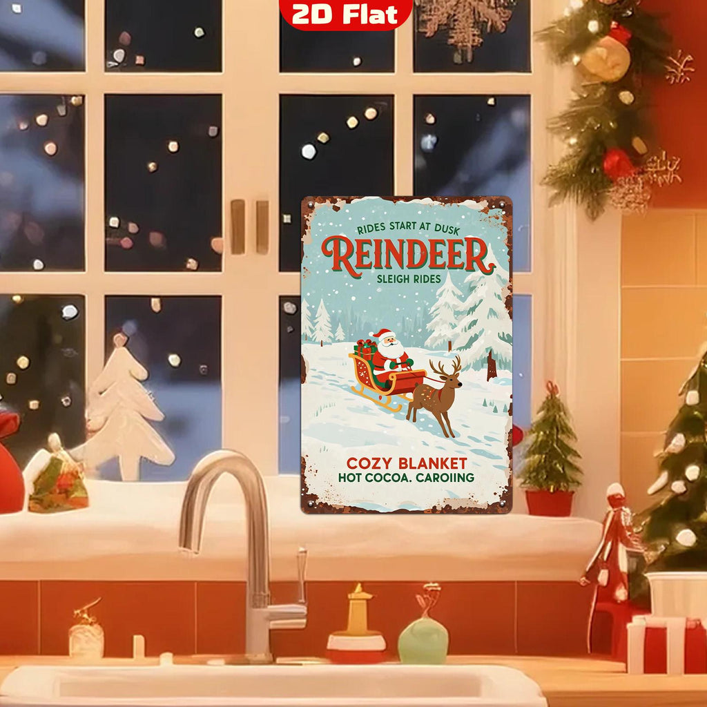 Letrero de metal rústico de Navidad | Arte de pared vintage de renos en trineo