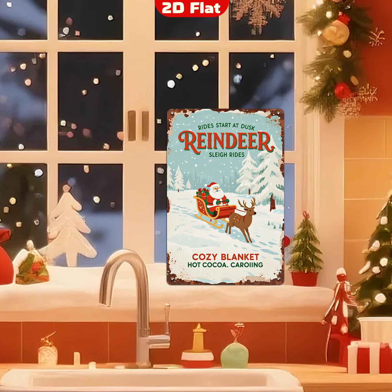 Rustic Christmas Tin Sign: Vintage Reindeer Sleigh Ride Wall Art