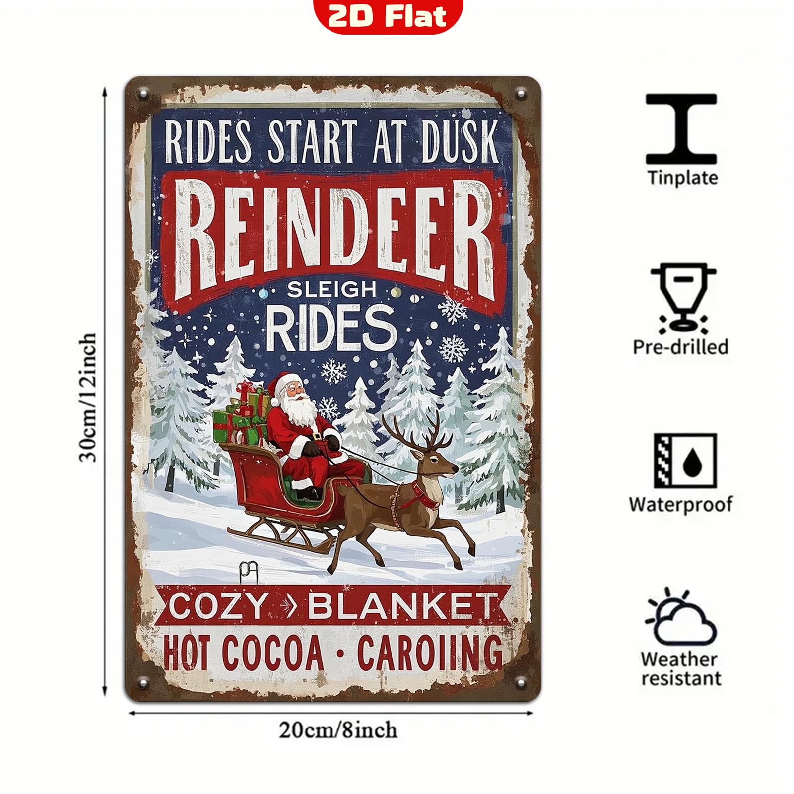 Vintage Christmas Metal Tin Sign: Reindeer Sleigh Ride, Holiday Wall Art