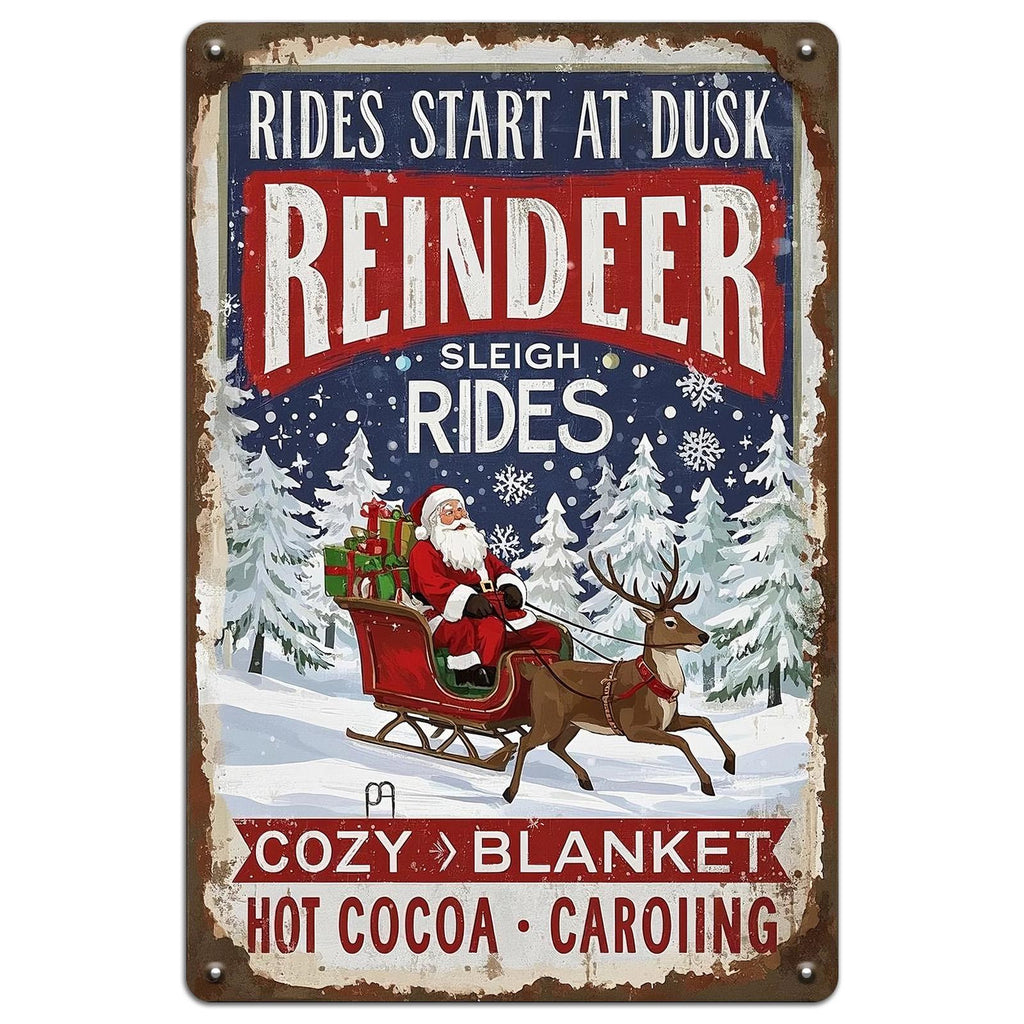 Vintage Christmas Metal Tin Sign: Reindeer Sleigh Ride, Holiday Wall Art