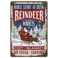 Vintage Christmas Metal Tin Sign: Reindeer Sleigh Ride, Holiday Wall Art