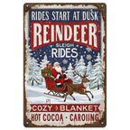 Vintage Christmas Metal Tin Sign: Reindeer Sleigh Ride, Holiday Wall Art