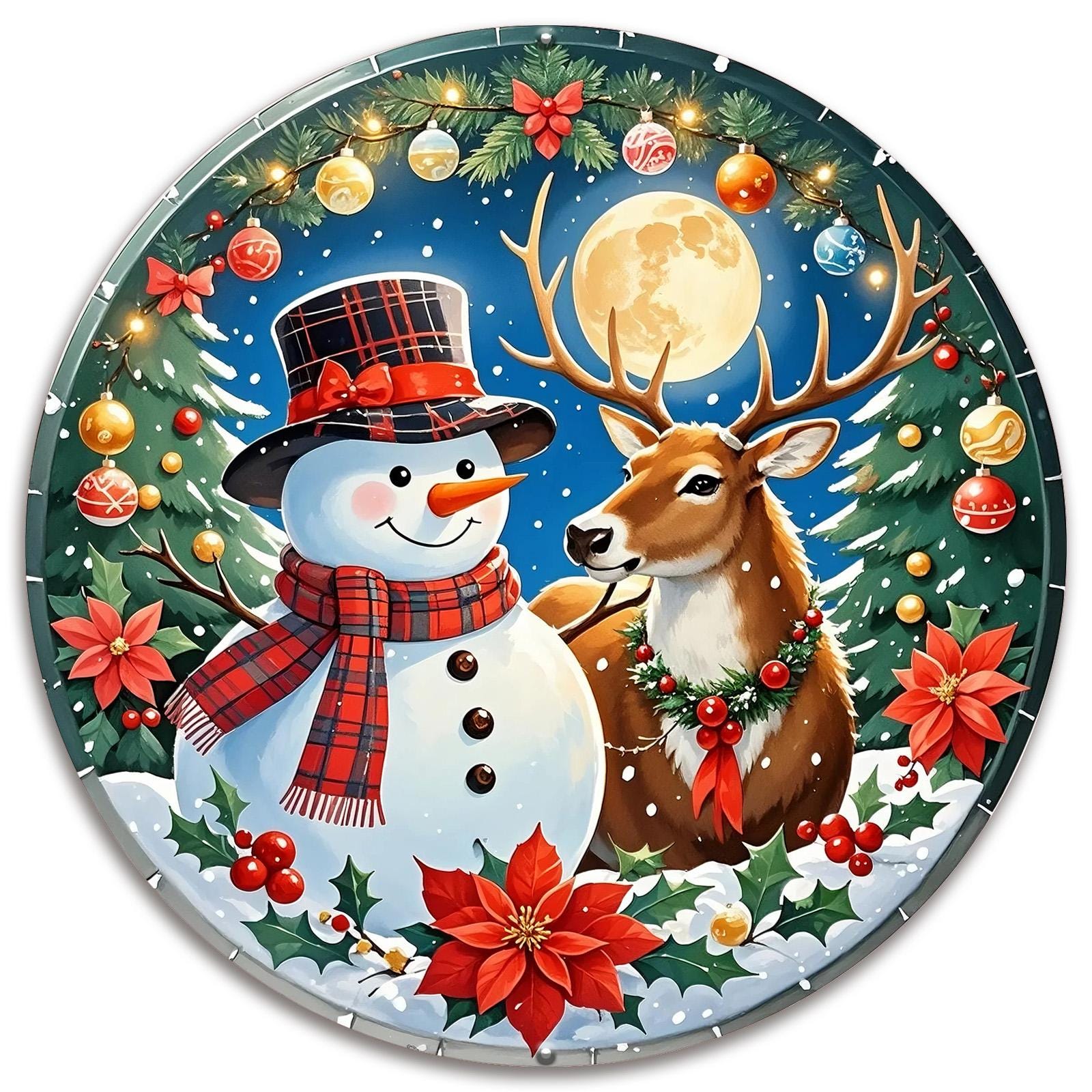 Vintage Winter Scene Metal Sign: Snowman & Deer Christmas Decor
