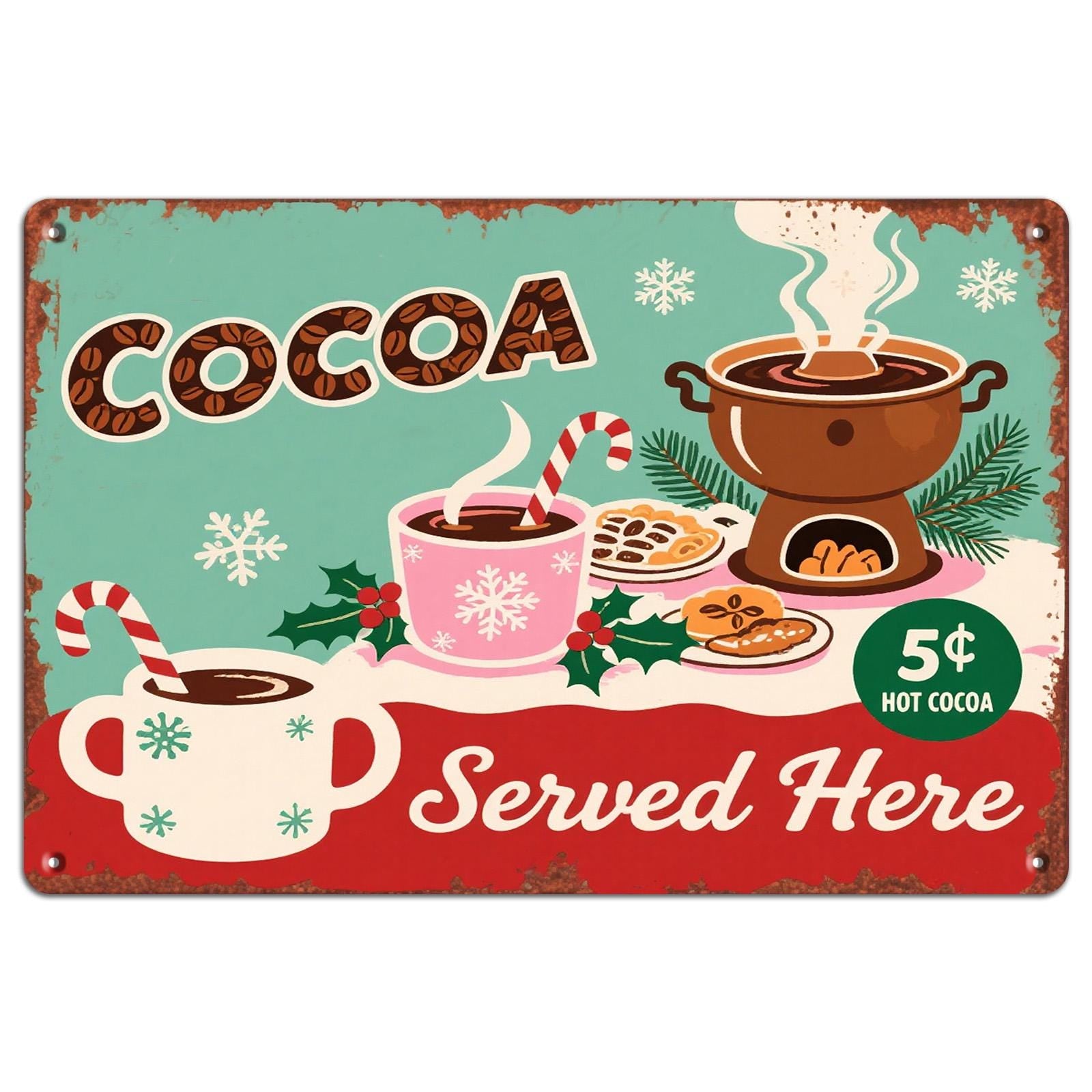 Vintage Hot Cocoa Metal Tin Sign: Retro Holiday Kitchen Cafe Decor