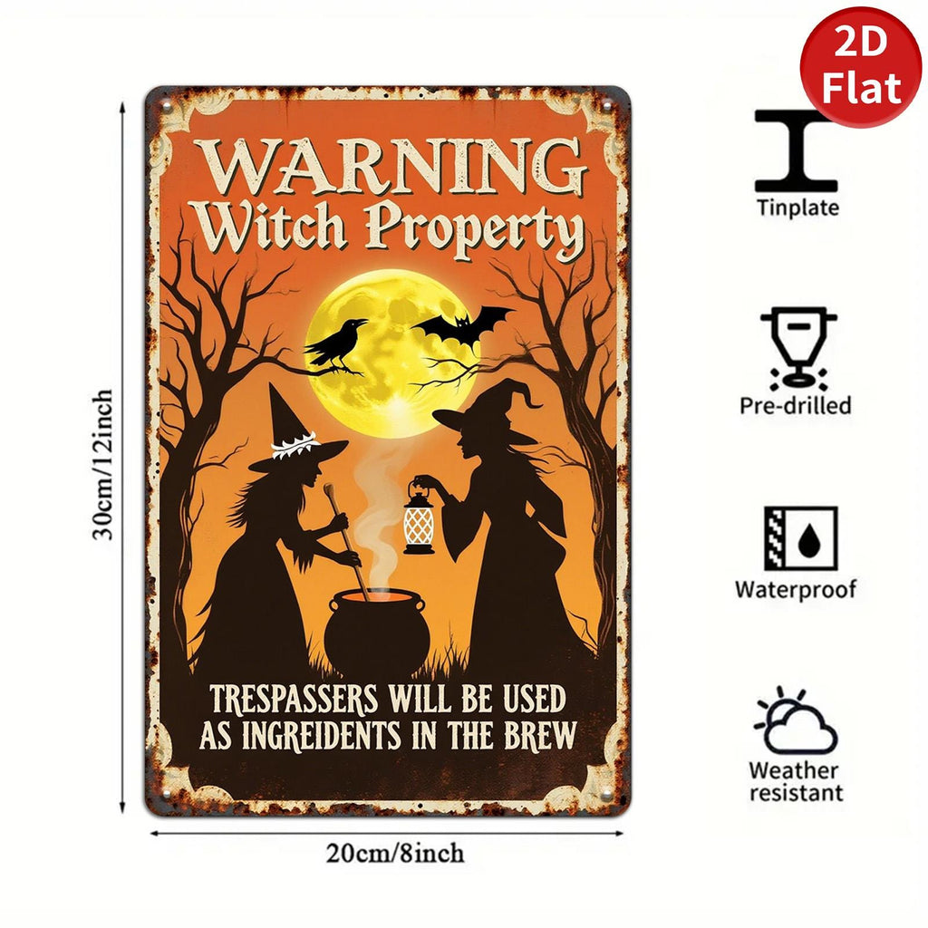 Warning Witch Property Metal Sign: Halloween Cauldron Decor
