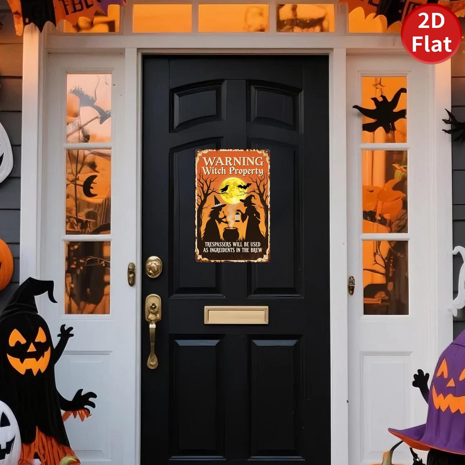 Warning Witch Property Metal Sign: Halloween Cauldron Decor