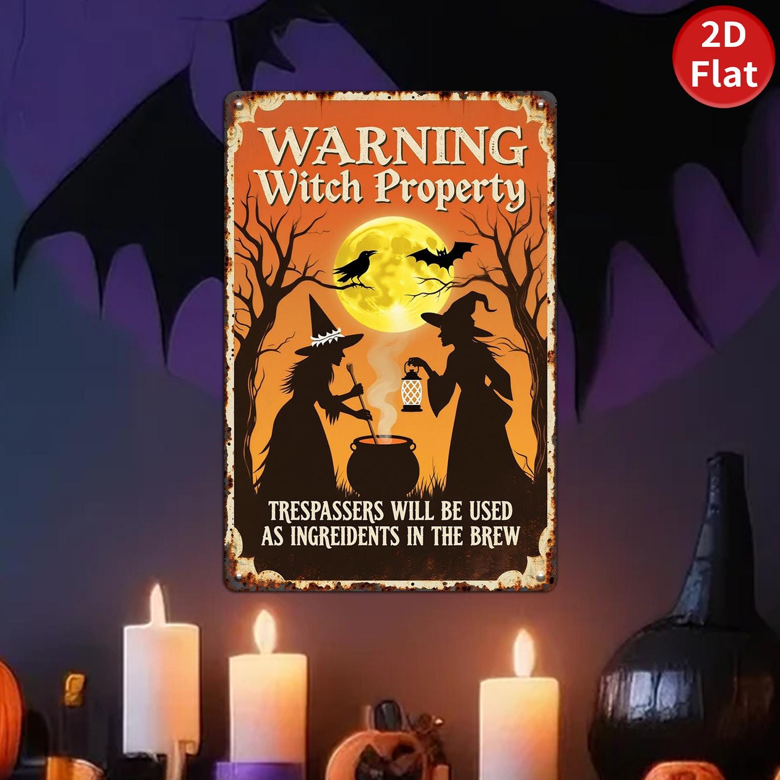 Warning Witch Property Metal Sign: Halloween Cauldron Decor