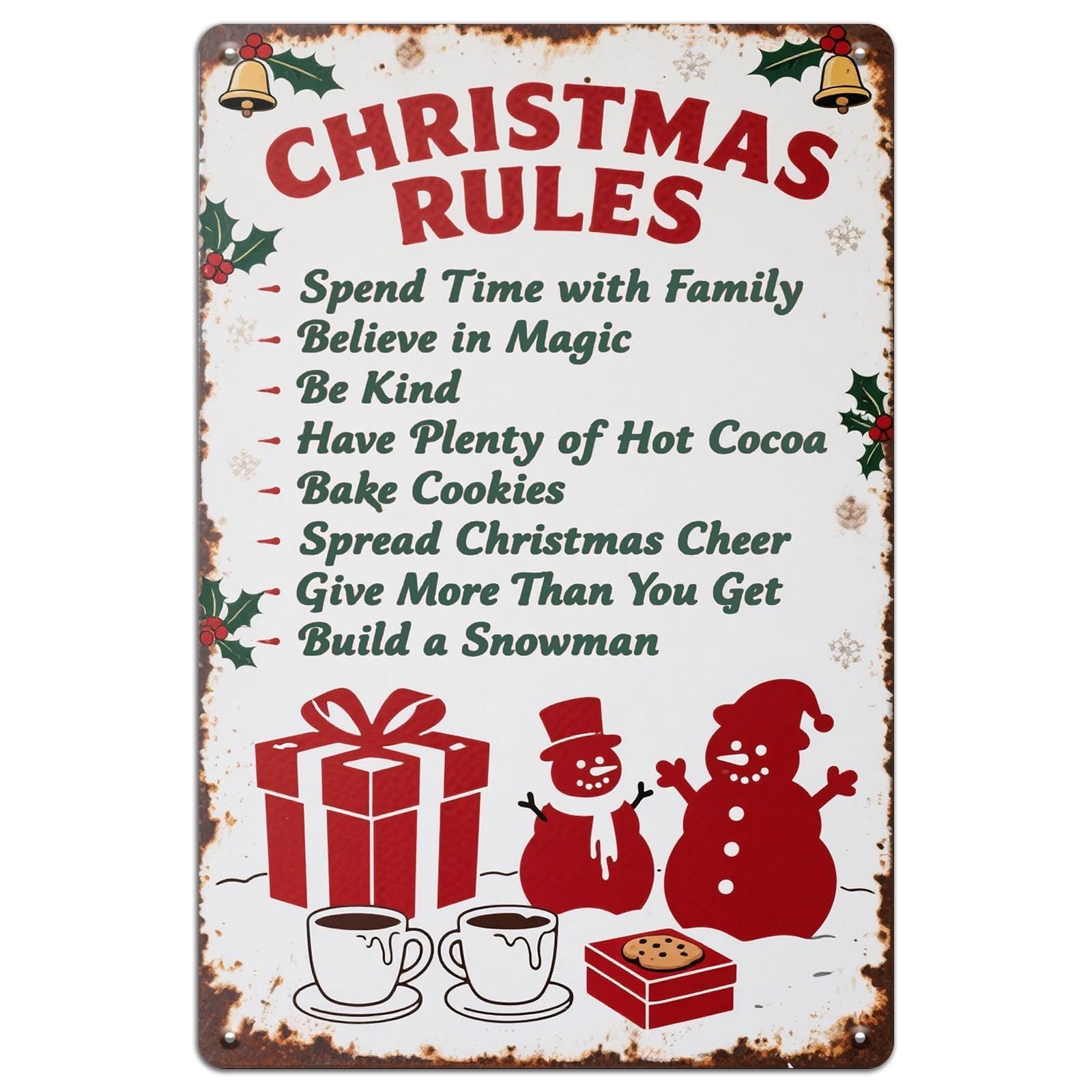 Vintage Christmas Rules Metal Tin Sign: Holiday Home Bar Decor