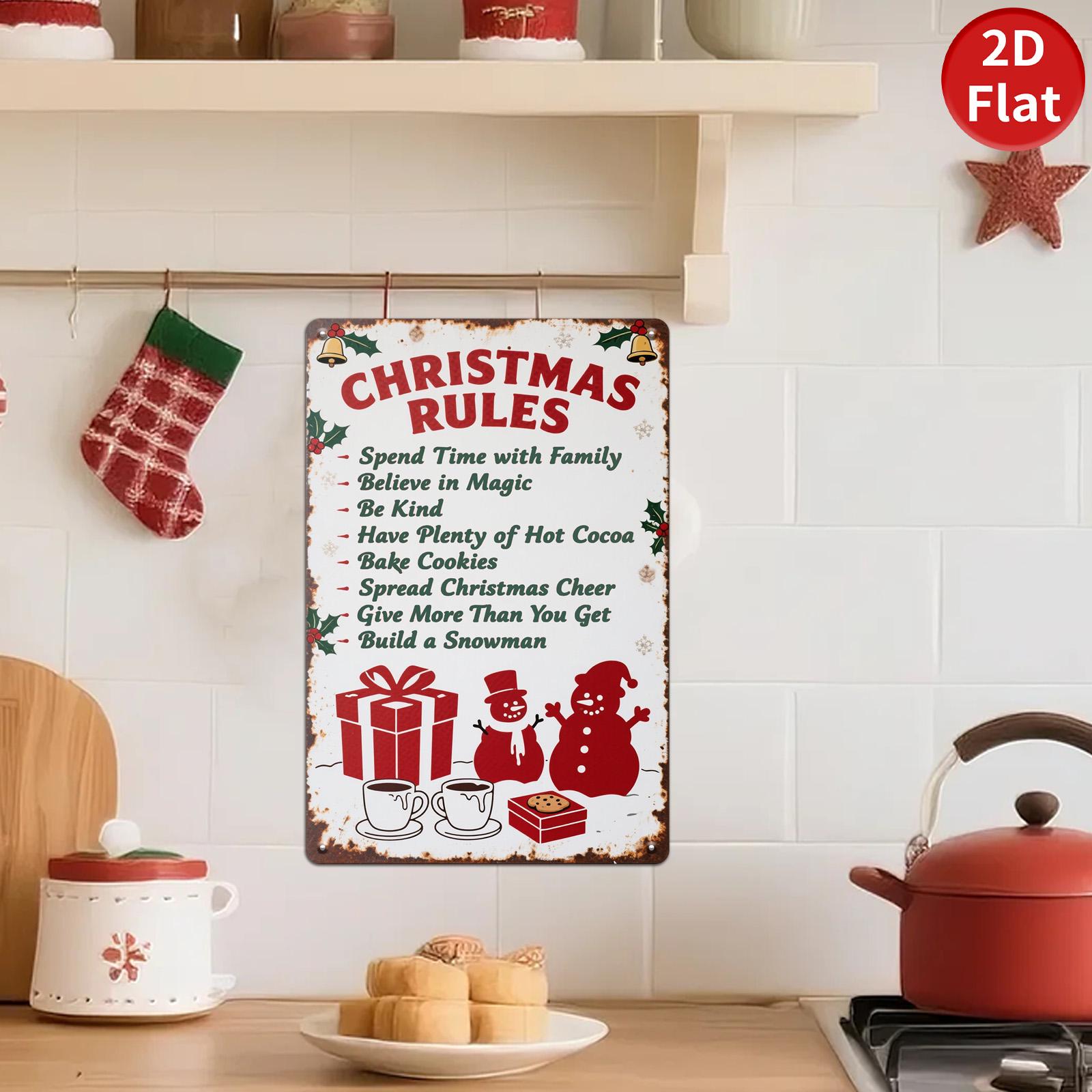 Vintage Christmas Rules Metal Tin Sign: Holiday Home Bar Decor