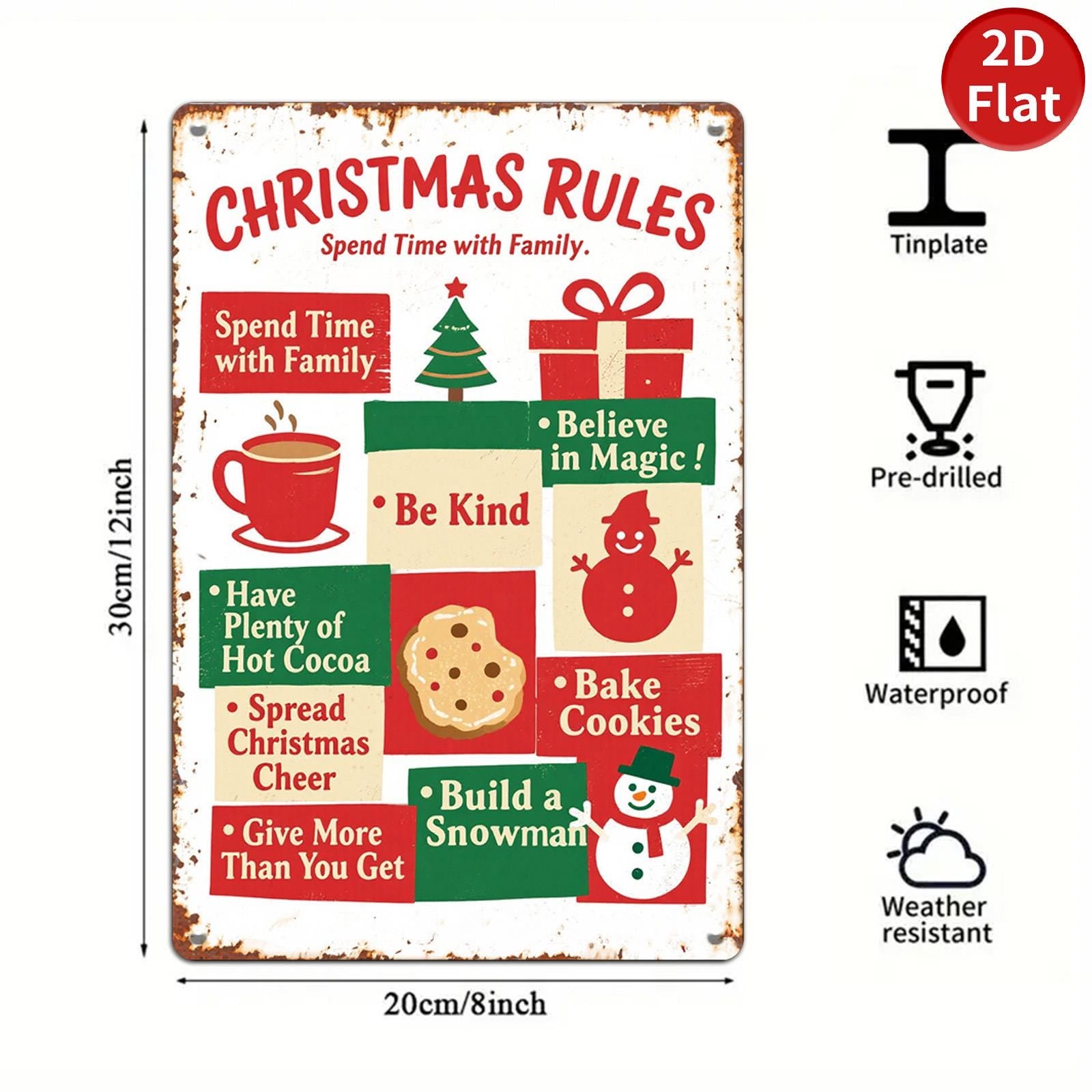Vintage Christmas Rules Metal Tin Sign: Rustic Holiday Wall Decor