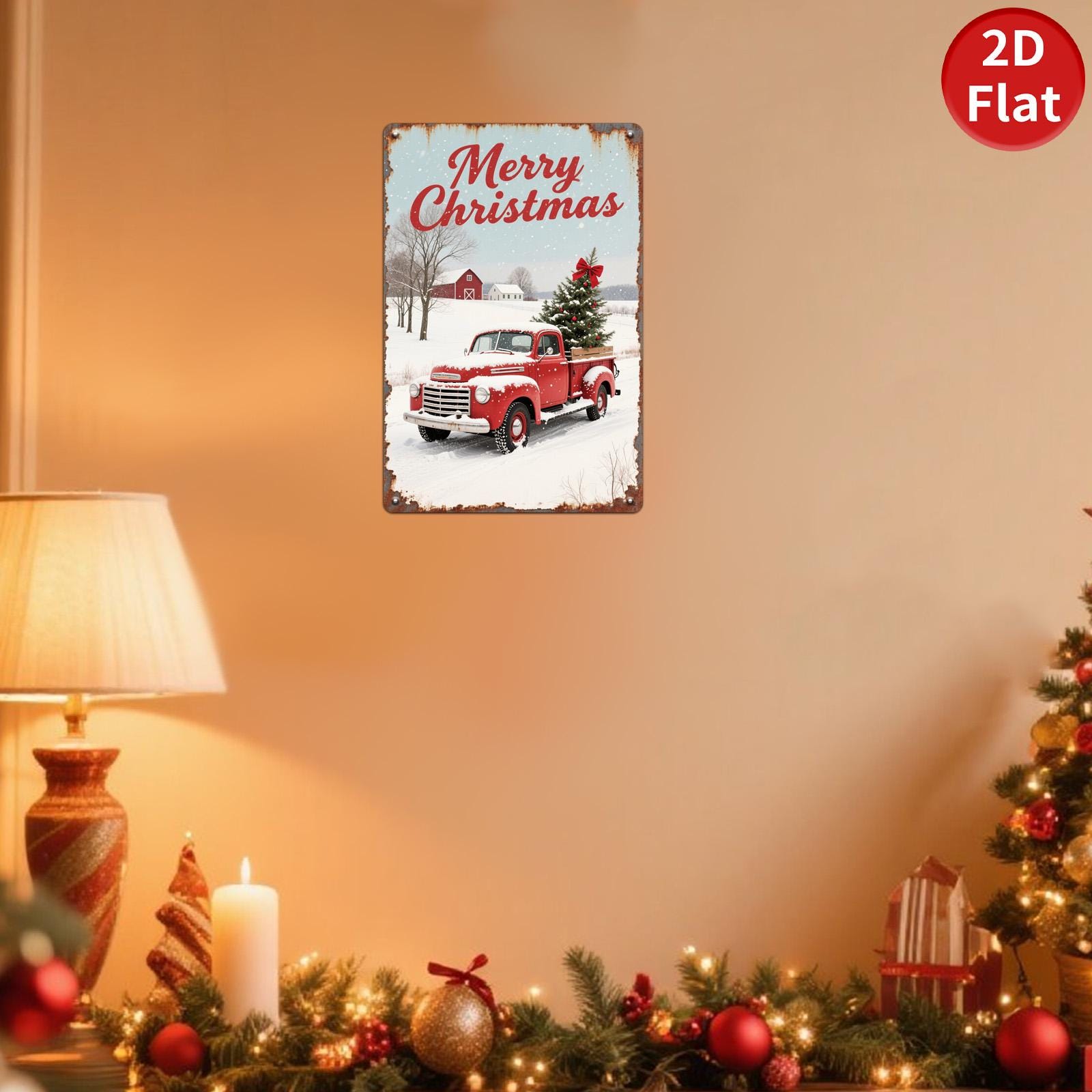 Vintage Christmas Metal Tin Sign: Rustic Red Truck Farmhouse Decor