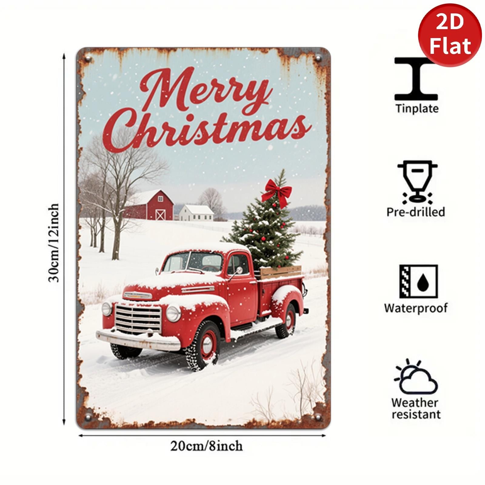 Vintage Christmas Metal Tin Sign: Rustic Red Truck Farmhouse Decor