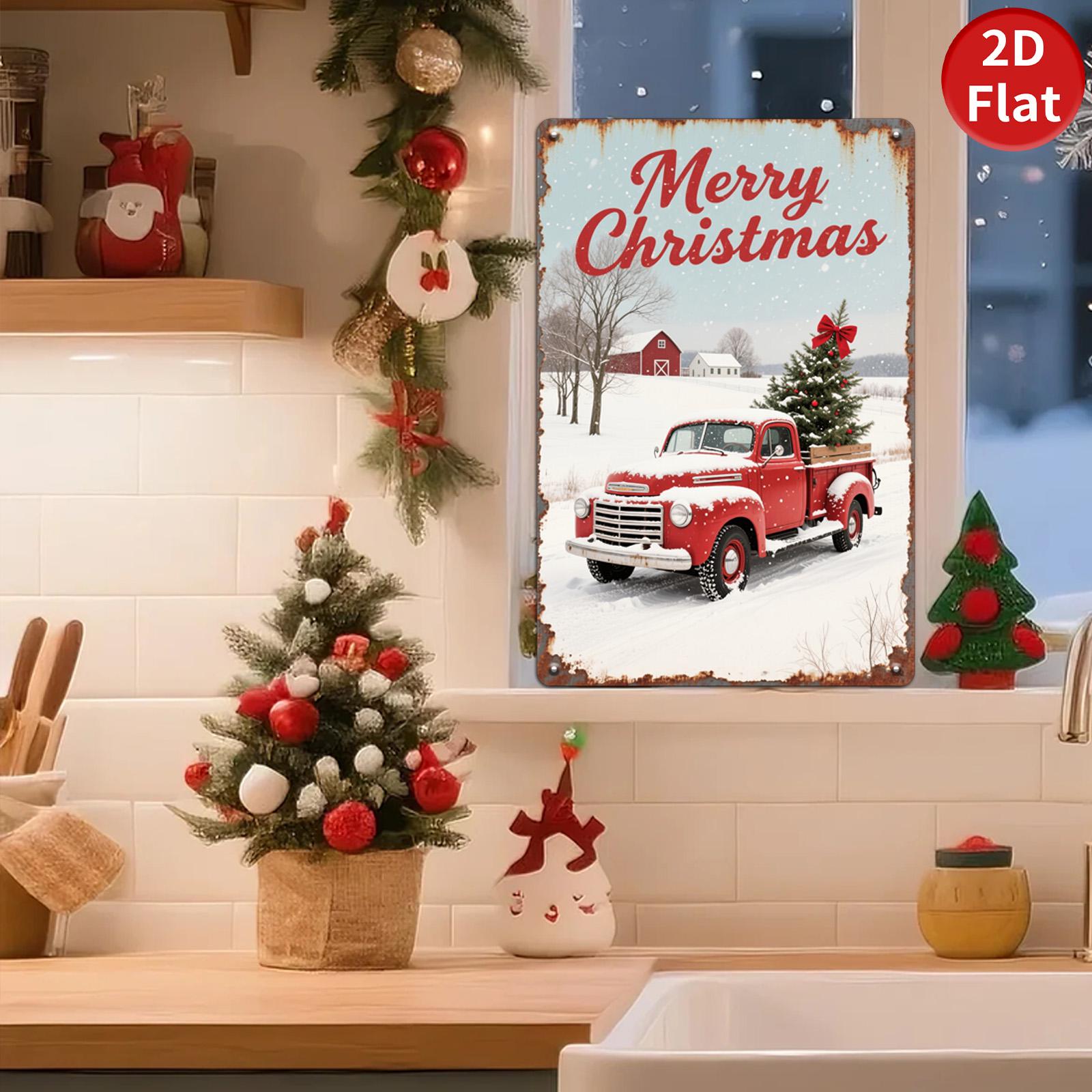 Vintage Christmas Metal Tin Sign: Rustic Red Truck Farmhouse Decor