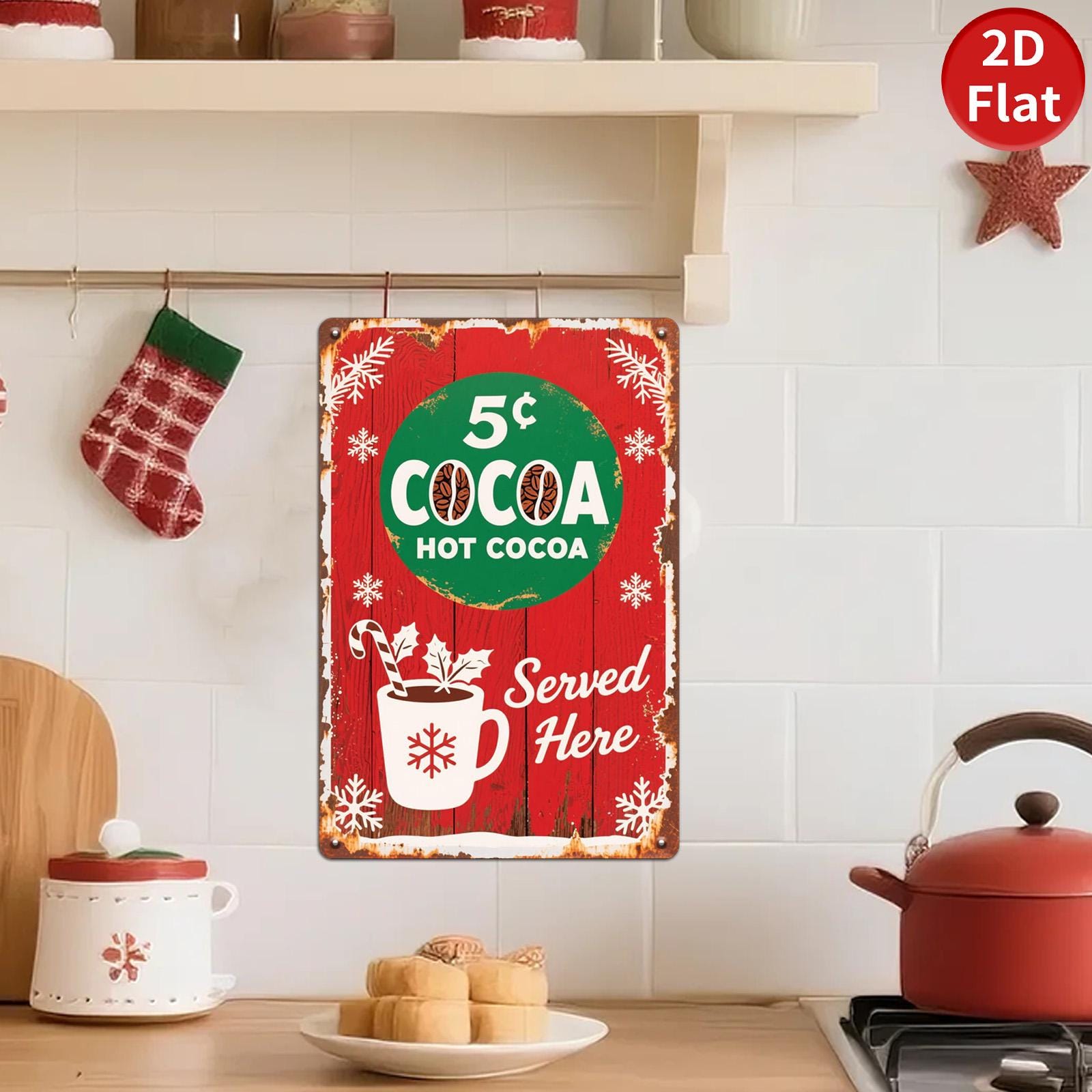 Vintage Hot Cocoa Metal Sign: Retro Christmas Kitchen Cafe Decor