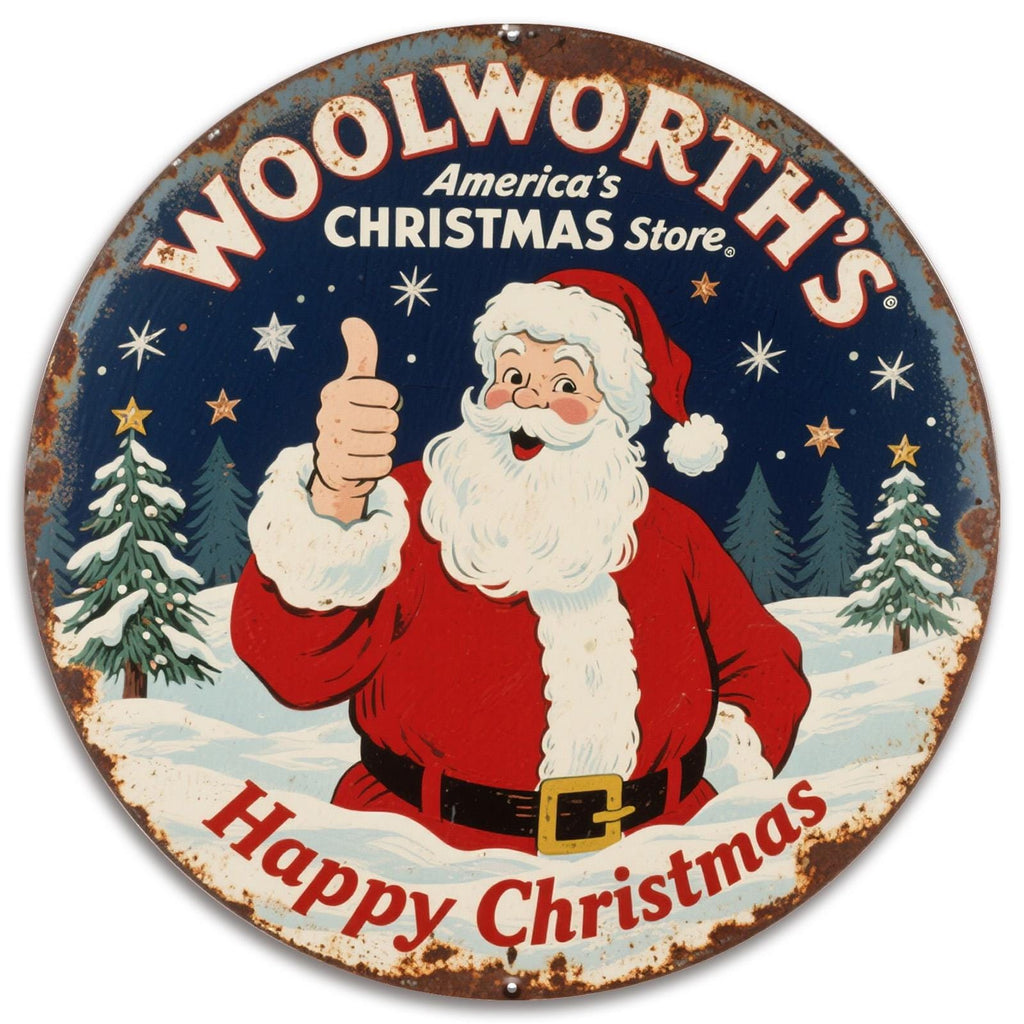 Letrero metálico navideño vintage de Woolworth's | Arte de pared retro para fiestas