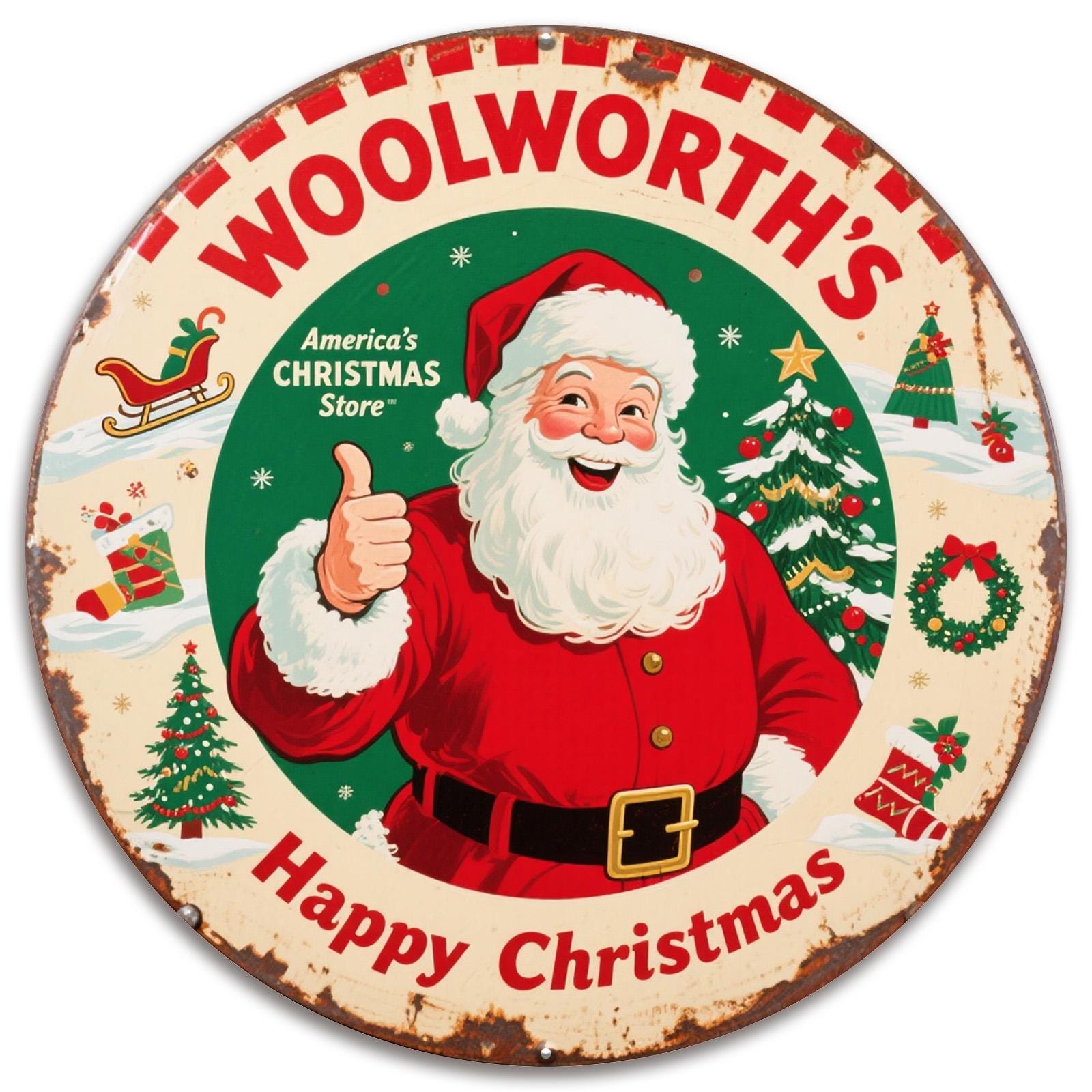 Vintage Santa Claus Tin Sign - Woolworth's Christmas Retro Decor