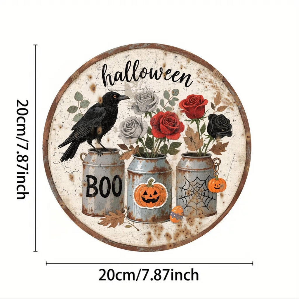 Halloween Crow Metal Sign: Gothic Roses, Pumpkin, Spooky Decor