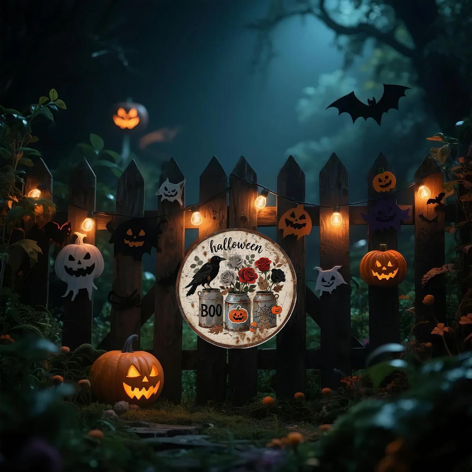 Halloween Crow Metal Sign: Gothic Roses, Pumpkin, Spooky Decor