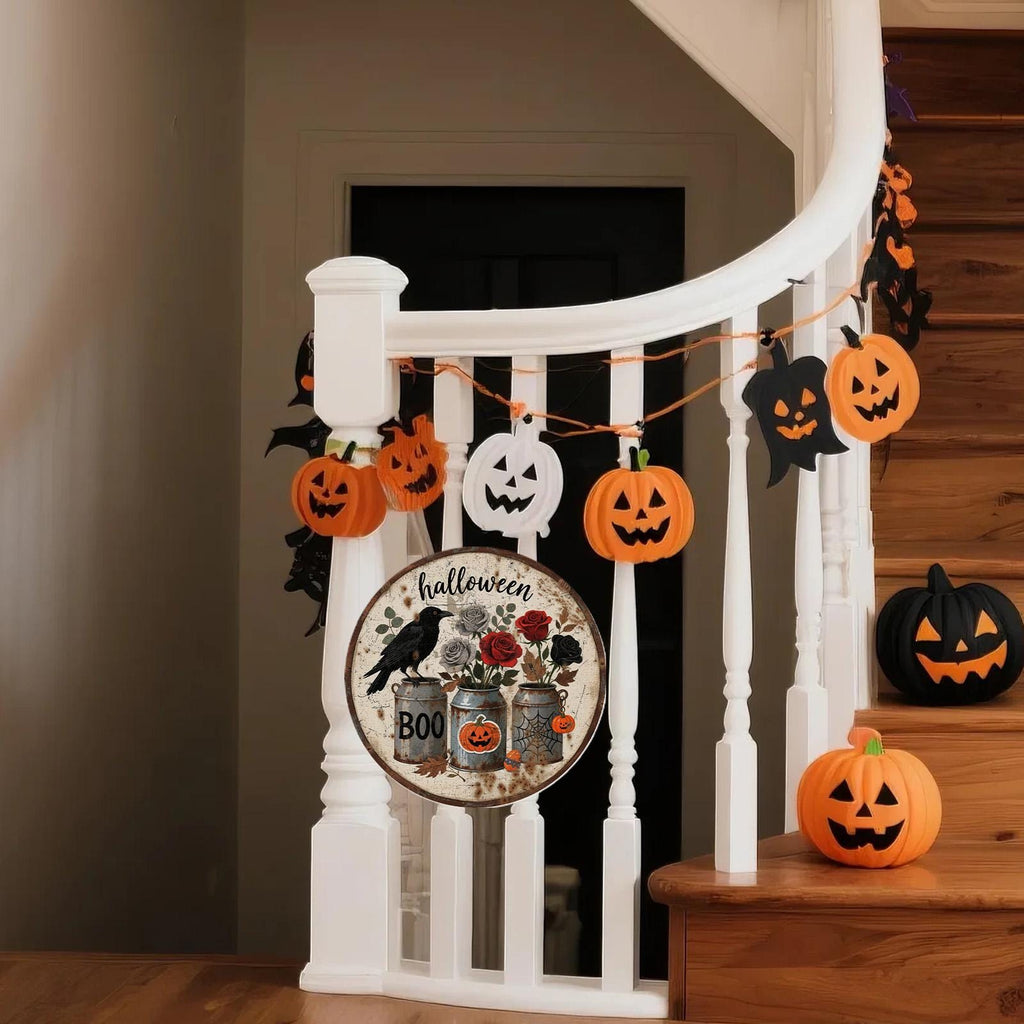 Halloween Crow Metal Sign: Gothic Roses, Pumpkin, Spooky Decor