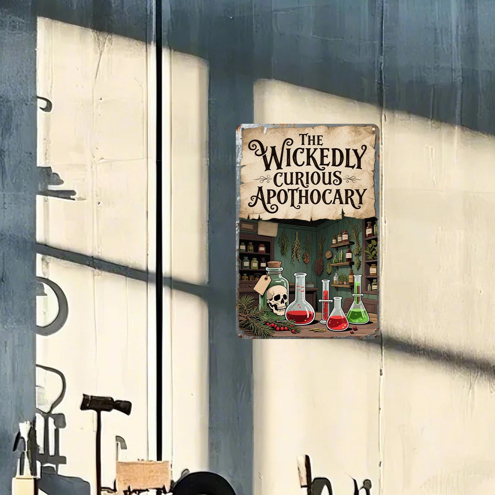 Apothecary Metal Sign: Witch Potion, Gothic Skull Decor