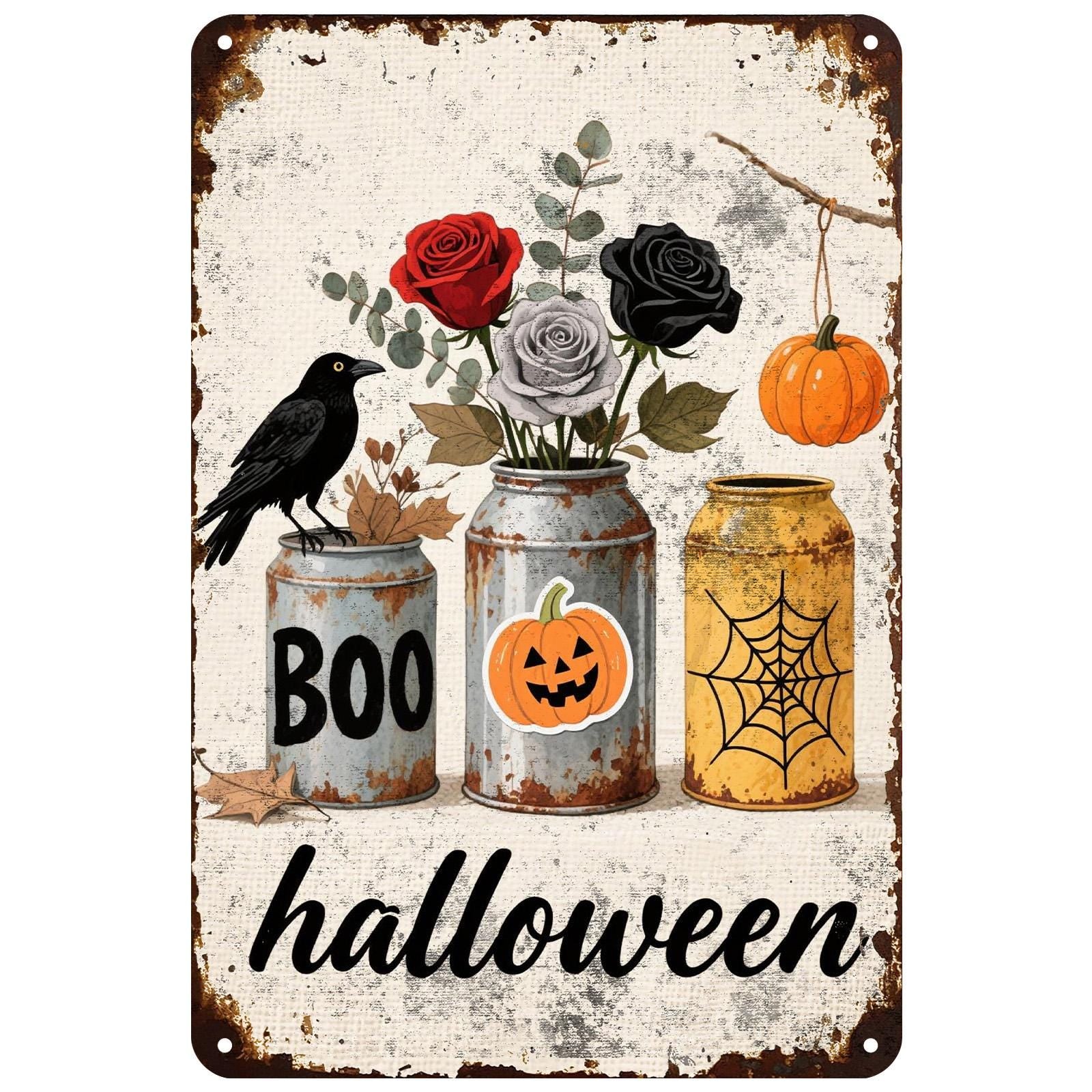 Halloween Crow Metal Sign: Gothic Roses, Pumpkin, Spider Web Decor