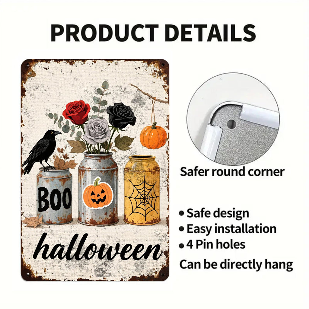 Halloween Crow Metal Sign: Gothic Roses, Pumpkin, Spider Web Decor