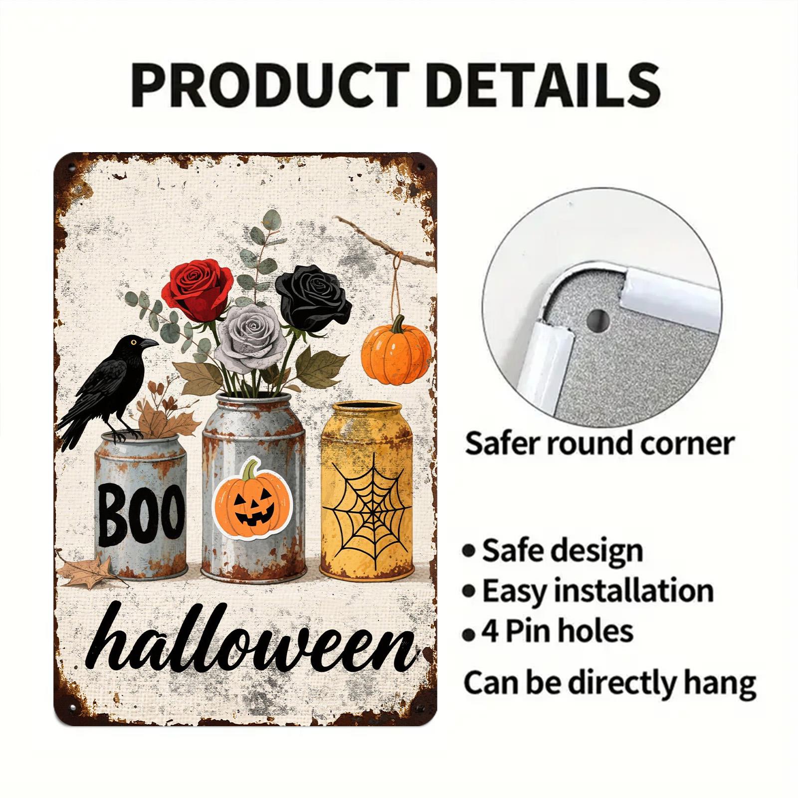 Halloween Crow Metal Sign: Gothic Roses, Pumpkin, Spider Web Decor