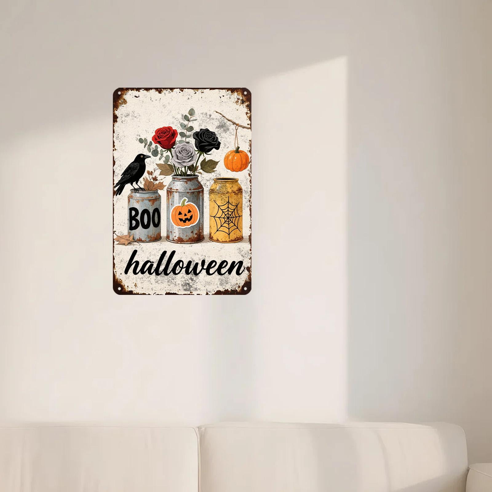 Halloween Crow Metal Sign: Gothic Roses, Pumpkin, Spider Web Decor