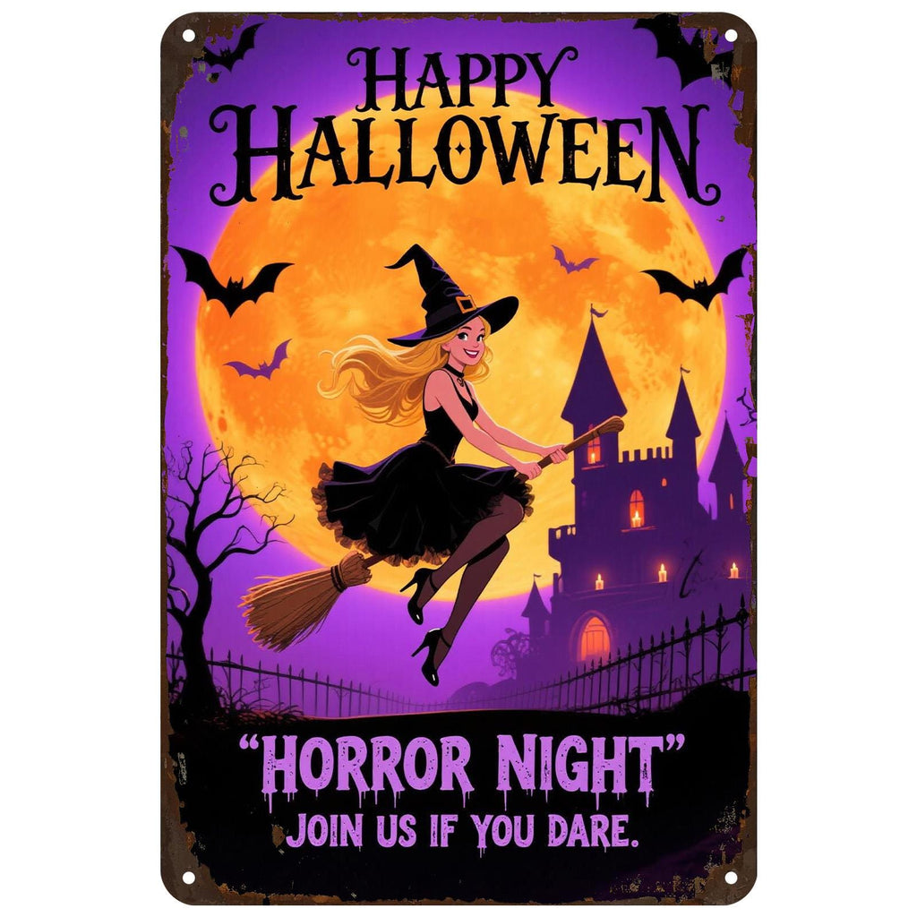 Halloween Witch Metal Sign: Spooky Castle Bats, Retro Horror Decor